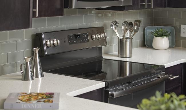 a kitchen with a stove and a potted plant
