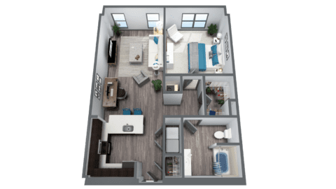 One-bedroom floor plan with spacious living areas