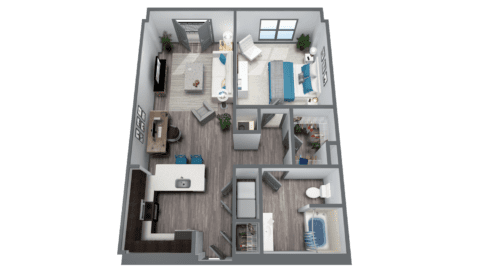 Expansive living area in this one-bedroom floor plan