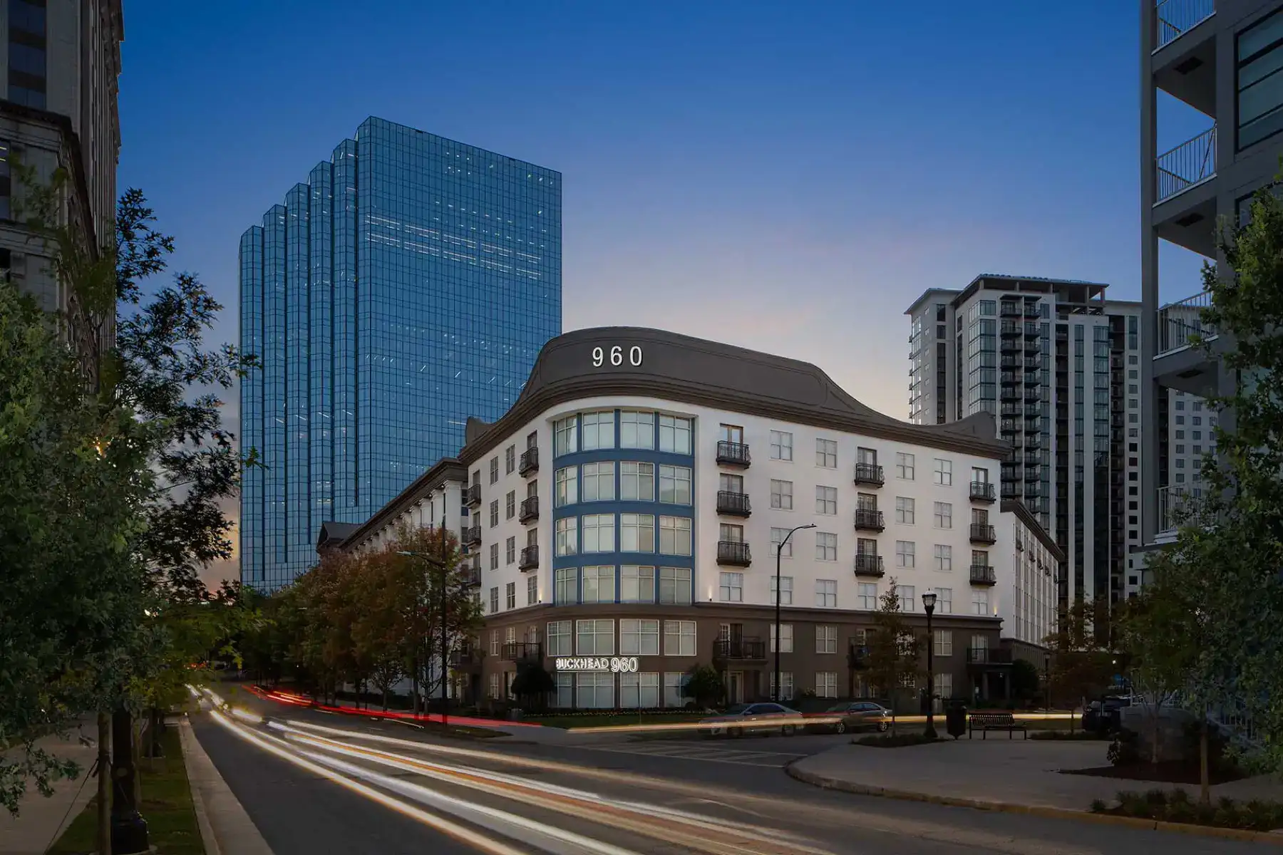 Exterior view of Buckhead 960 Building showcasing modern architectural design and glass facade